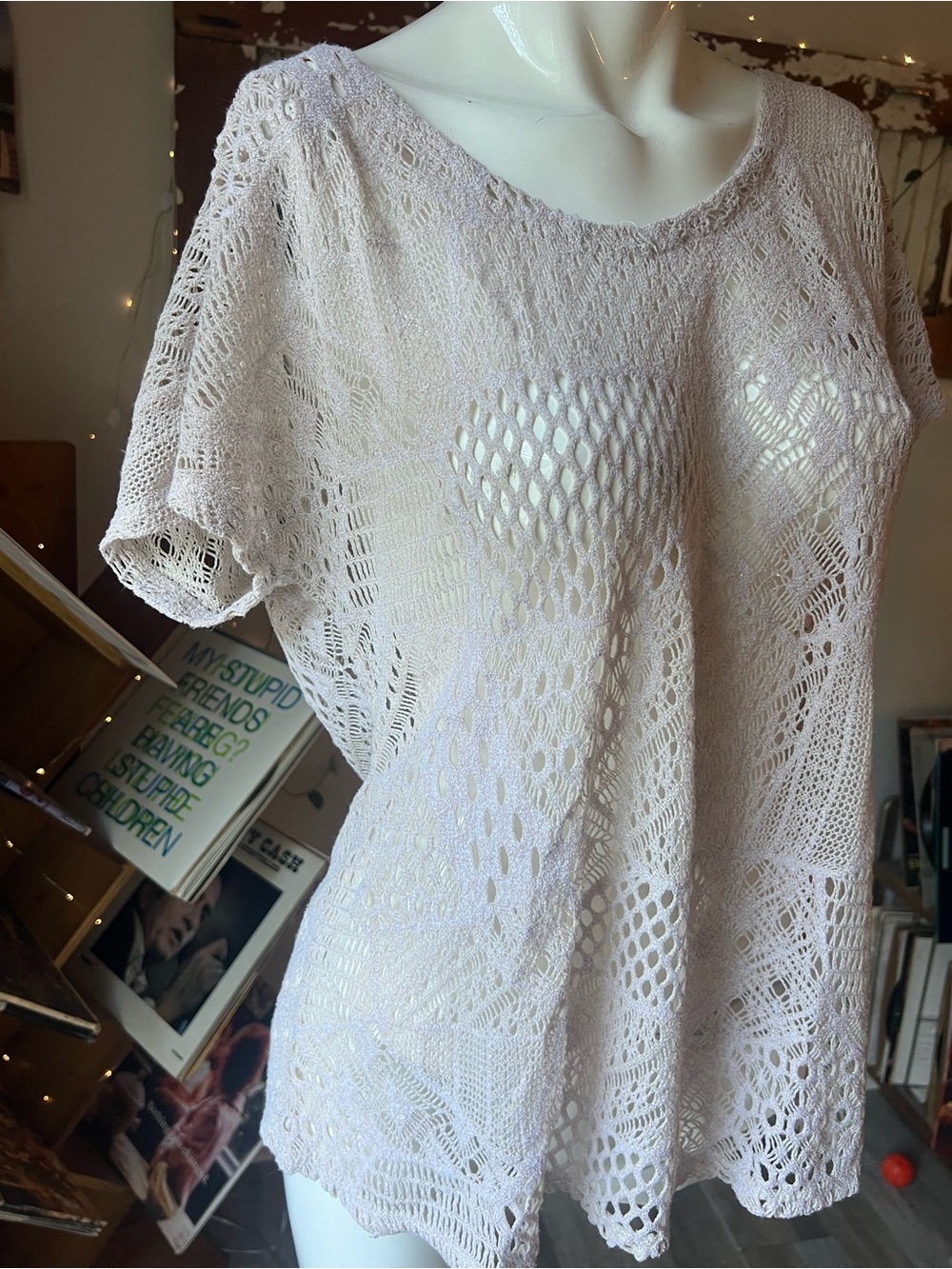 La Vanya Crochet Lace Boho Tunic Top Cream Short Sleeve